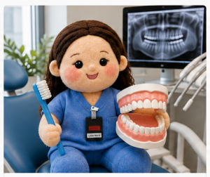 Mascota de Carrasco Clínica Dental con un cepillo de dientes y una maqueta dental en el gabinete, con una radiografía panorámica al fondo.