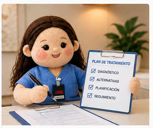 Mascota de Carrasco Clínica Dental rellenando un plan de tratamiento con los pasos de diagnóstico, alternativas, planificación y seguimiento.