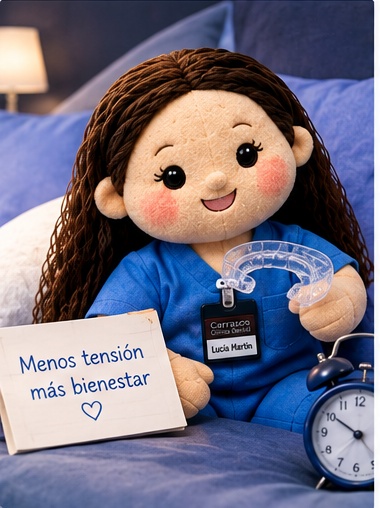 Muñeca de Carrasco Clínica Dental con una férula de descarga en un dormitorio, junto a un despertador y un cartel «Menos tensión, más bienestar»