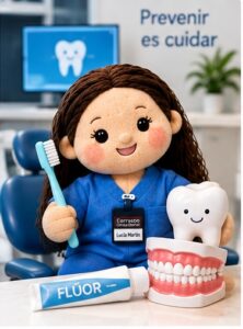 Muñeca de Carrasco Clínica Dental con un cepillo de dientes, una maqueta dental y pasta con flúor en el gabinete.