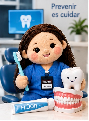 carrasco-clinica-dental-caries-dental-prevencion-tratamiento Muñeca de Carrasco Clínica Dental con un cepillo de dientes, una maqueta dental y pasta con flúor en el gabinete.