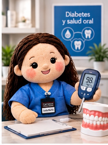 carrasco-clinica-dental-diabetes-periodontitis-salud-encias Muñeca de Carrasco Clínica Dental con un glucómetro y una maqueta dental, ante un cartel sobre diabetes y salud oral.