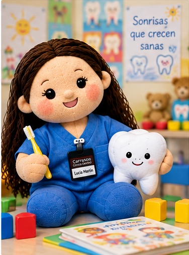 carrasco-clinica-dental-salud-dental-infantil-cuidar-dientes-ninos Muñeca de Carrasco Clínica Dental con un cepillo infantil y un diente de peluche en un rincón decorado con dibujos de niños.